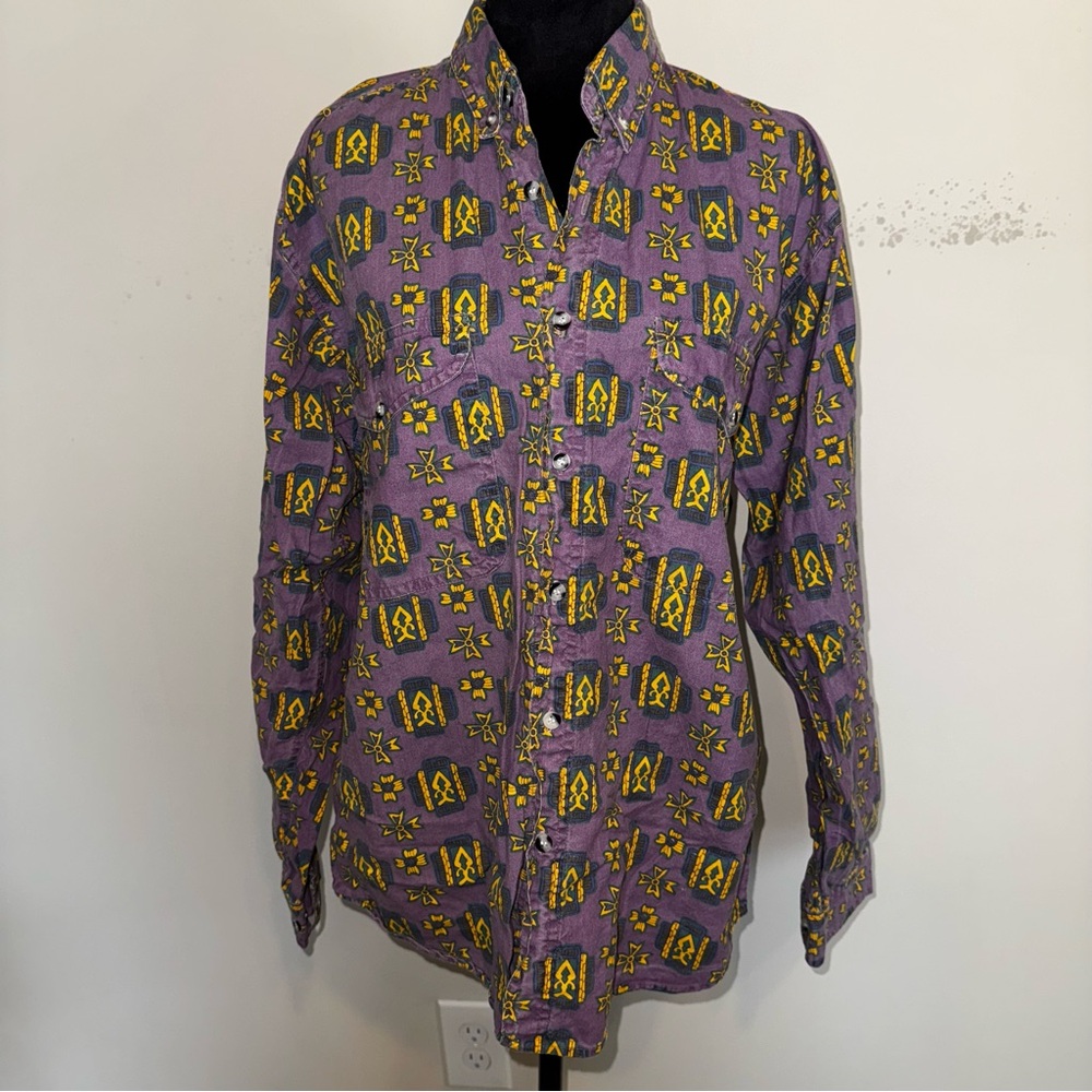 VTG Pier Connection‎ Long Sleeve  Collar Shirt Purple Western Print M Cotton